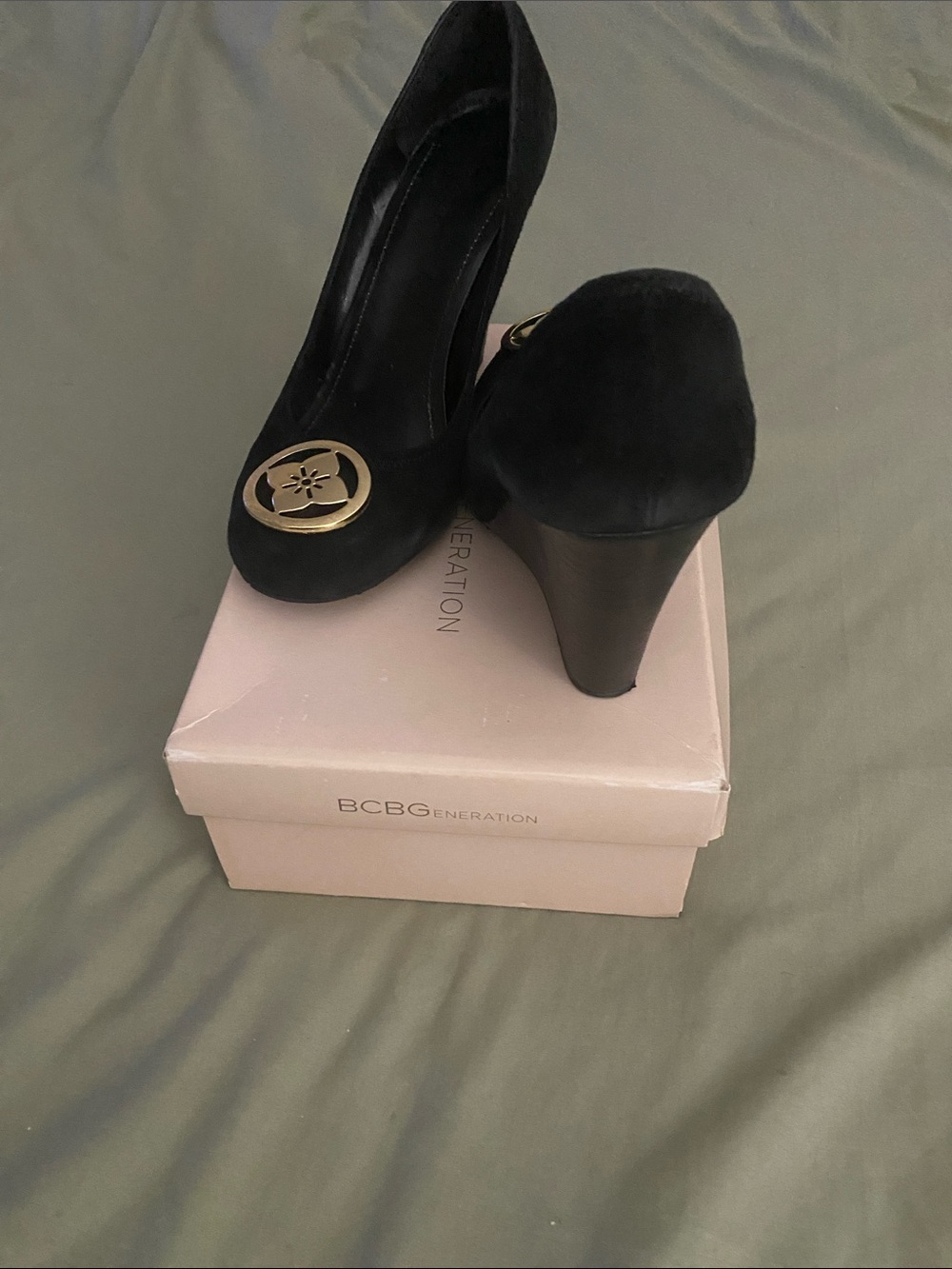 BCBGeneration Black Suede Wedge Pumps with Gold Accent